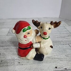 Vintage FF Japan Hugging Santa & Reindeer Salt & Pepper Shaker Fitz & Floyd